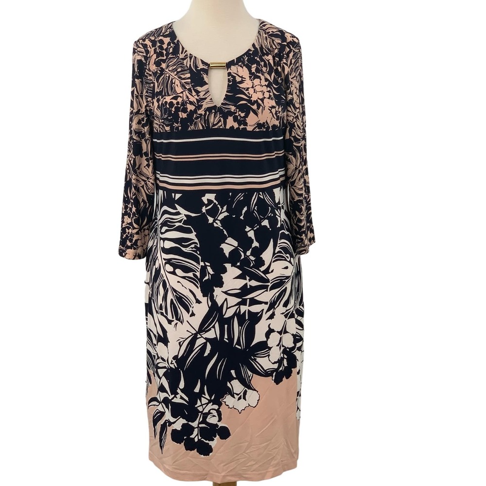 Ronni Nicole 3/4 Sleeve Pullover Lined Sheath Dress Navy Pink White Floral Sz 6
